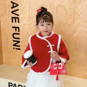 Red tweed child shoulder bag with sequins, pearls, and bow for New Year celebration