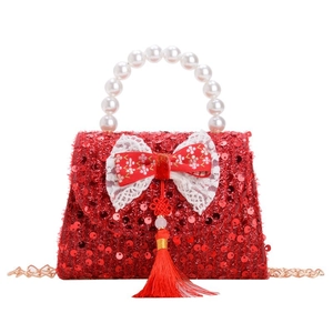 Red sequin girls handbag with pearl handle, lace bow and festive Chinese tassel
