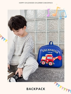 Blue toddler backpack with 3D cartoon excavator and smooth hardshell casing