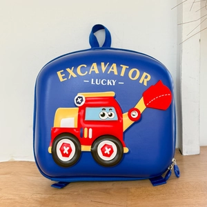 Detailed close-up of the blue EVA hard shell surface and cute 3D excavator cartoon design