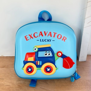 Blue EVA hardshell toddler backpack featuring a 3D cartoon excavator design for boys