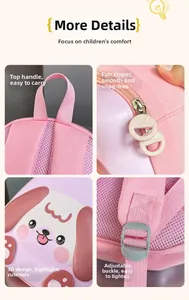 Detailed views of pink puppy toddler backpack showing breathable mesh and durable zipper