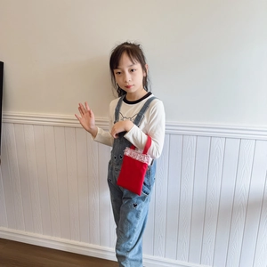 Cute red candy color kids handbag with sweet white lace trim and top handle for girls