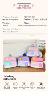 Detailed size and material specs for house-shaped EVA mini kids backpack in candy colors