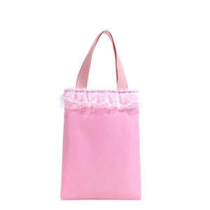 Pink sweet girl handbag with white lace trim and durable handles on white background
