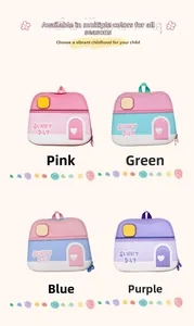 Detail of four cartoon house-shaped EVA backpacks in pink, green, blue, and purple hues