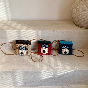 Cute Cartoon Dog Handmade Crochet Crossbody Bag For Kids Knitted Small Shoulder Purse With Goggles Decorative