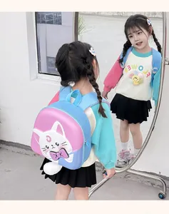 Detail of cute cartoon cat character on pink and blue hard shell kids backpack