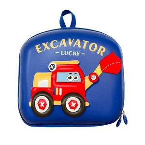 Blue hardshell kids backpack featuring 3D cartoon excavator design and zipper details
