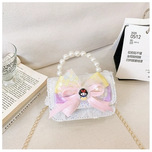 Detail of sequined kids bag with Snow White character, pearl handle and gold chain