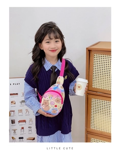 Girl wearing a cartoon chest bag with bear print and purple yellow nylon fabric