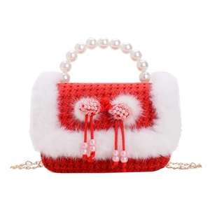 Sac à main rouge tricoté pour filles avec garniture en fausse fourrure et anse perle