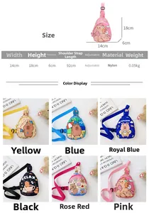 Size chart for kids nylon capybara chest bag showing dimensions and adjustable strap detail