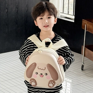 Cute beige cartoon dog backpack for kids with 3D ears and comfortable wide straps