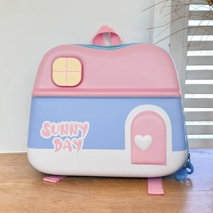 Detail of cute house-shaped kids backpack with Sunny Day print and pink straps