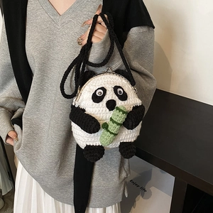 Handmade crochet panda shoulder bag with bamboo decor and retro metal clasp for women