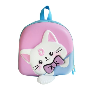 Pink and blue cartoon cat hard shell backpack for kids with a 3D plush tail and moon icon