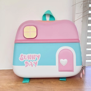 Close-up of cute house-shaped kids backpack with Sunny Day logo and heart detail