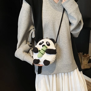 Handmade crochet panda crossbody bag with green bamboo decor for women