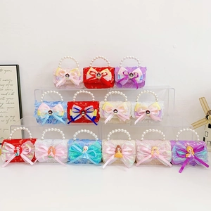 Girls Shoulder Bag Sequin PU Artificial Pearl Handle Large Bow Metal Chain Princess Style Kids Crossbody Handbag
