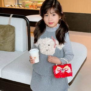Girls stylish grey knit sweater and skirt set with red bow pearl chain handbag