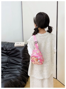 Pink kids chest bag featuring cartoon bear print and adjustable fabric shoulder strap