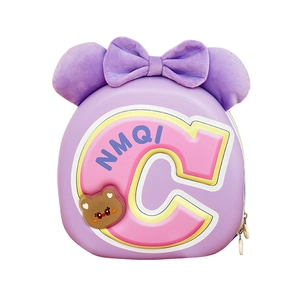 Cute purple hard shell kids backpack with plush bow ears and cartoon bear design