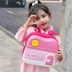 Cute pink house-shaped toddler backpack for girls featuring SUNNY DAY print design