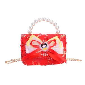 Girls red sequin handbag with pearl handle and bow featuring cartoon princess