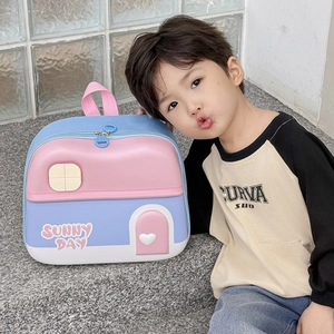 Cartoon house shaped kids backpack in macaron colors with Sunny Day text and heart detail