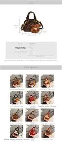 Detailed grid showing mini leopard print girl's shell bag with plush bear charm