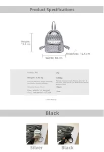Size specifications for mini woven backpack showing dimensions 18x19.5cm and PU leather texture