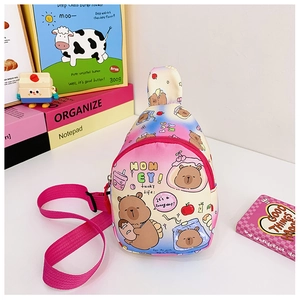 Detailed view of pink and blue gradient kids chest bag with cute cartoon bear prints