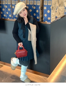 Winter outfit for kids with red leather handbag and British vintage style clothes