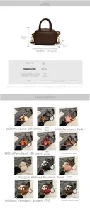 Size chart showing mini PU crossbody bag dimensions and multicolor options with bear charm