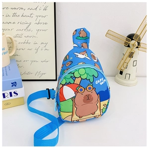 Detailed view of the blue kids' Capybara chest bag with adjustable strap and cartoon print