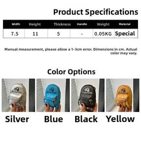 Detailed size chart and four-color display of mini backpack keychains in metallic finishes