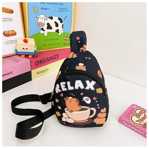 Detail of black kids sling bag with Kapibara Relax print and adjustable strap