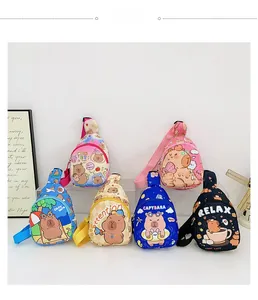 Detailed view of colorful kids chest bags with cartoon capybara prints and adjustable straps