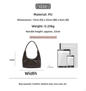 Detailed size chart for the dark brown shoulder bag with bow and dimension comparisons