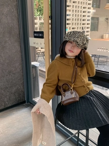 Mini brown plaid handbag styled with leopard beret and yellow cardigan for kids