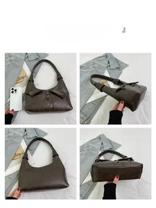 Four-angle view of vintage dark brown faux leather shoulder bag with collar design