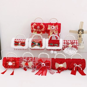 Girls Mini Handbag Artificial Pearl Handle Tweed PU Leather Bowknot Crossbody Bag Red Festive Princess Shoulder Purse For Kids