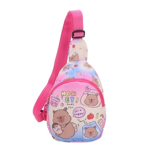 Pink cartoon chest bag for kids featuring cute bear and rainbow prints with adjustable strap