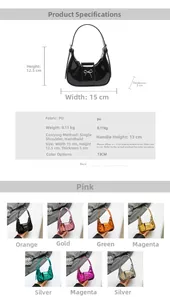 Size guide and color options for mini PU crescent bag with metallic bow detail