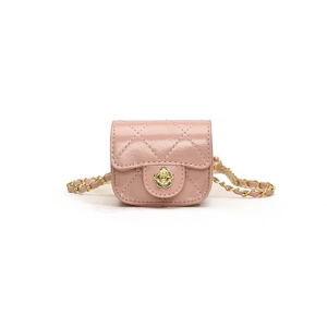 Quilted mini chain shoulder bag for kids with glossy pink finish and floral lock