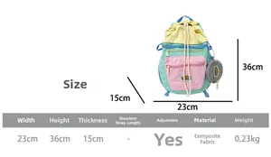 Detailed size chart showing dimensions 23x36x15cm for the drawstring school backpack