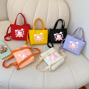 Kids Crossbody Bag Nylon Canvas Cartoon Bear Heart Print Handbag Adjustable Strap Cute Shoulder Purse Toddler Girls Boys