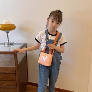 Orange kids canvas handbag with cute cartoon bear and pink heart print for girls