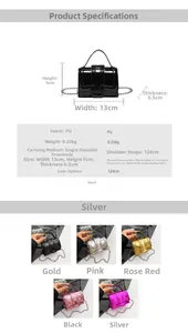 Detailed size specifications and material parameters for mini glossy chain handbag